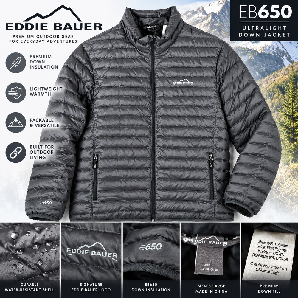 Eddie Bauer EB650 Ultralight Down Jacket Mens L Gray L/S Puffer Full Zip